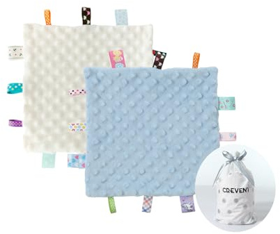 CREVENT Tag - Mantas de seguridad para bebés, suaves y pequeños Loveys para niños, manta sensorial para bebé, gran regalo para cumpleaños, baby shower (24 x 24 cm, etiqueta azul + marfil)