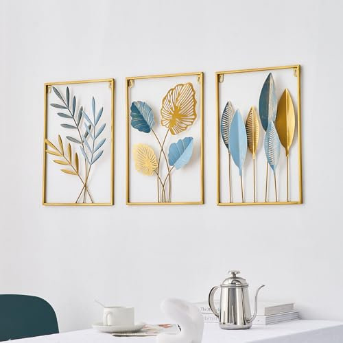FJS Gold Wanddeko Metall Moderne Wandornament Heimdekoration, 3er Set Metall Wandskulptur, Metallbilder Wanddeko Wohnzimmer Schlafzimmer Küche Dekor (Gold-B)