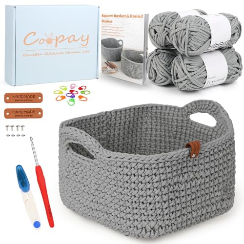 Coopay Set uncinetto per principianti, set di cestini quadrati all'uncinetto con istruzioni, set di uncinetto fai-da-te per imparare ad uncinettare i cestini con uncinetto da 4,5 mm, filato spesso