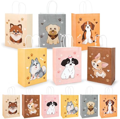 PHOGARY 18 Pezzi Sacchetti Regalo con Manico, Sacchettini Compleanno Bambini, Buste Regalo Colorati Sacchetti di Carta Kraft con Disegno di Cani per Confezioni Regalo per Feste di Animali Domestiche