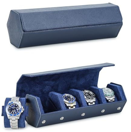 Hiram Caja hexagonal de cuero Saffiano para 4 relojes, caja protectora de almacenamiento de relojes de 4 ranuras, organizador de exhibición de relojes para hombres (azul)