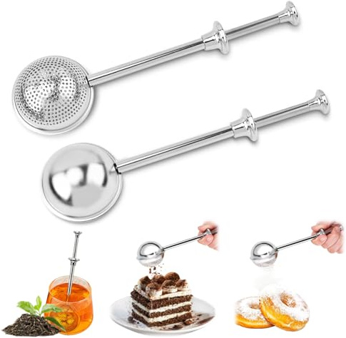 Flour Duster for Baking Stainless Steel Powdered Sugar Shaker Duster One Handed Operation Baking Dusting Wand Flour Sifter Ball Sugar Sifter Dispenser