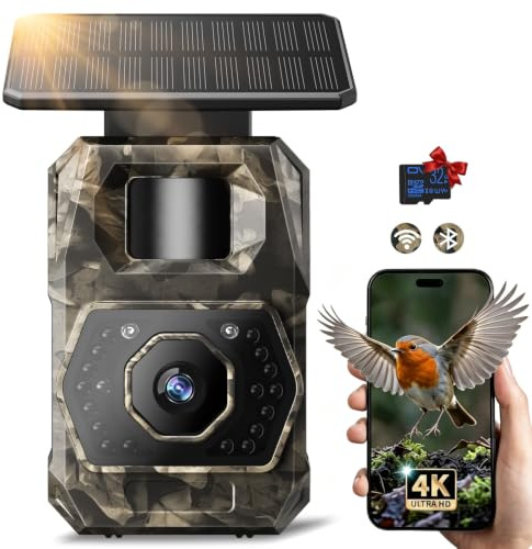 MAXDONE Wildlife Camera WiFi Bluetooth - 4K 64MP Solar Trail Camera with Night Vision Motion Activated, 0.1s Trigger Garden Cameras Built-in 6000mAh Battery Rechargeable, Waterproof IP66, 32GB SD Card