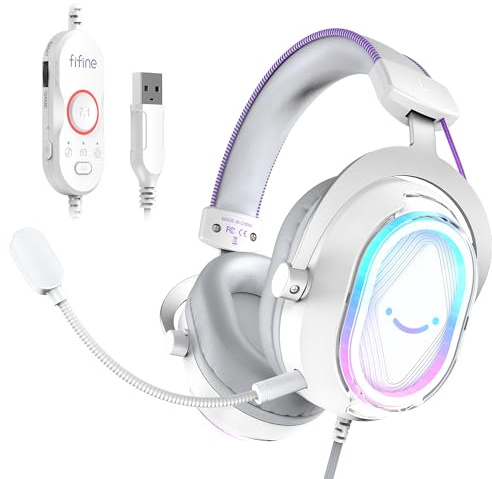 FIFINE USB Gaming Headset: Flowing RGB Lighting - 7.1 Surround Sound - Detachable Mic - Soft Ear Pads, Over-Ear Headset with Control Box, for PC, Laptop, Mac, PS5/PS4 - AmpliGame H13WP (White&Purple)