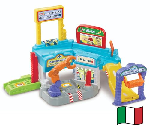 VTech Vroom Vroom Go – Taller de Reparaciones, Pista de Coches con Garaje multifunción, Brazo robótico, Incluye 1 vehículo, 3 Zonas mágicas, Idioma Italiano, Pilas Incluidas, 1-5 años