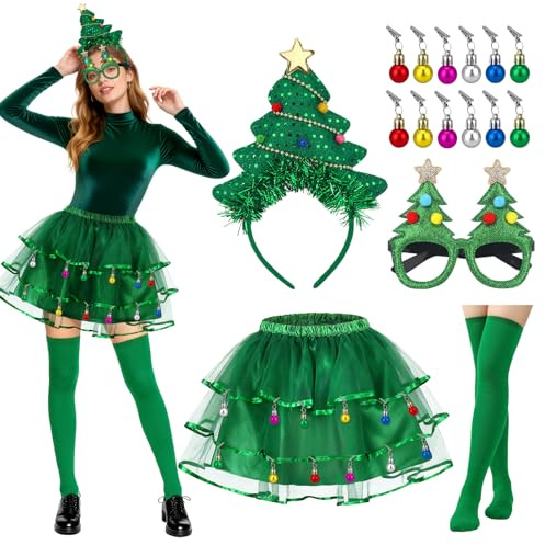 Disfraz Arbol de Navidad Mujer, Accesorios Disfraz Navidad Adulto Mujer | 5 PCS Diademas Navideñas de Arbol Gafas Falda Tutu Verde Calcetines Altos Pinza con Bola, para Fiestas Navideñas Cosplay