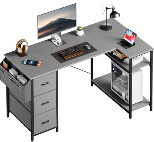 HLONONE Hörnskrivbord med 3 tyglådor, 140 x 80 cm, datorbord med förvaringsutrymme, skrivbord, L-form med sidoficka, PC-bord med förvaringsfack för kontor, spel och hemmakontor, grått
