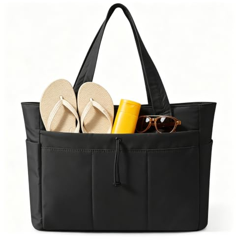 Tobriavor Bolso Mujer Tote bag, Acolchado Bandolera Grande con Compartimento para Portátil 15.6 y Portabotellas 40oz, cremallera Bolsa, para Shopper Playa Viaje, Trabajo, Playa, Ordenador (Negro)