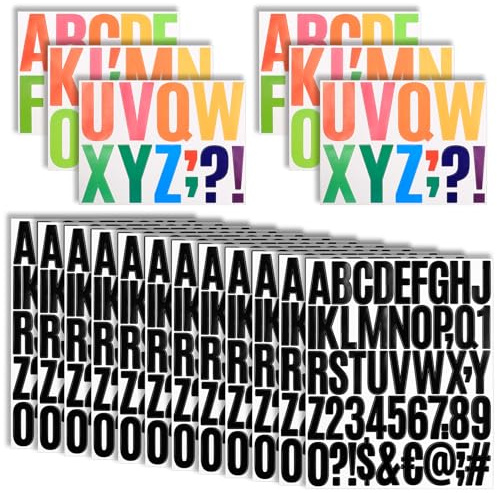 12 Hojas de Pegatinas Letras Adhesivas Negro y 2 SetLetras en Vinilo Adhesivo y Símbolos de Colores, Pegatinas de Letras Adhesivas Impermeables para Manualidades álbumes Carteles Automóviles
