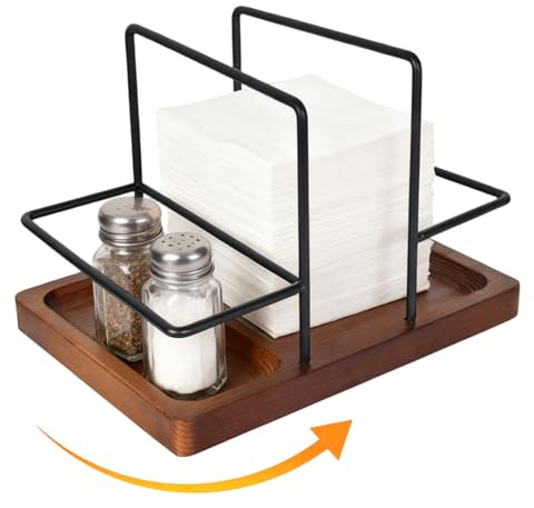 Alyxen Servilletero de Mesa, Giratorio Servilletero Vertical con Base de Madera, Dispensador de Servilletas con Caddy para Botellas de Especias, Soporte Servilletas Verticalde para Cocina Comedor
