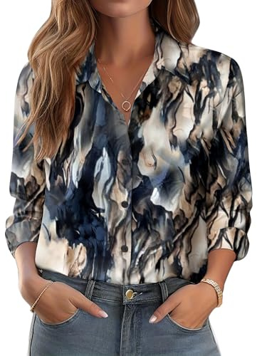 Zeagoo Womens Shirts Long Sleeve Floral Printed Party Tops Button Down Stretch Fall Wrinkle Free Blouse Hawaiian Holiday Beach Vintage Elegant Shirt Blue Beige Abstract XXL