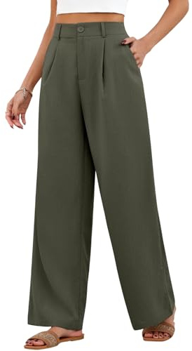 HEEKPEK Pantaloni Donna Estivi Larghi Pantaloni Leggeri Elastico Vita Alta Lunghi Gamba Larga Eleganti Pantalone Bottoni Solido Sciolto Freschi Comodi con Tasche (Verde, S)