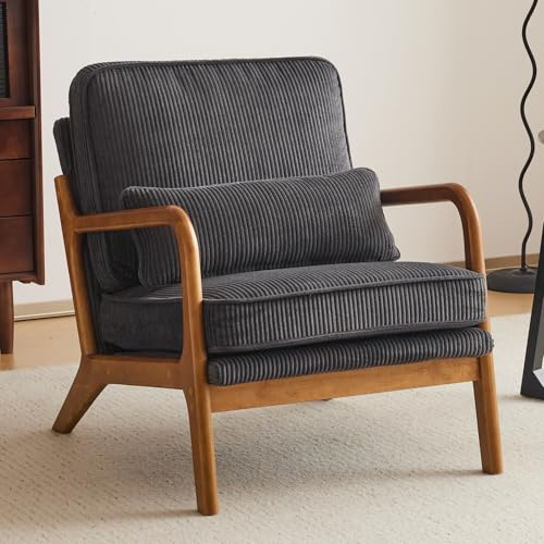 Bonnlo Accent Chair, Solid Wood Lounge Armchairs, Corduroy, Deep Grey | Occasional Reading Chair with Cushions and Lumbar Pillow, Comfy Armchairs for Living Room, Bedroom, Guest Room, Office