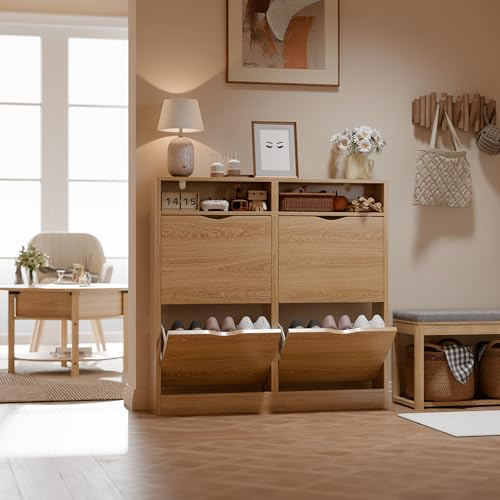 ELUCHANG Schuhschrank schmal mit 4 Klappen Platzsparender, Geschlossen Schuhregal Schuhkipper Schuhkommode mit 4 Ablagen, Shoe Cabinet Flurschrank für Diele/Flur/Garderobe, Eiche