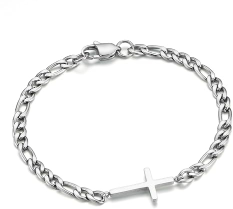 Bracelets TINGN pour homme en acier inoxydable 316L pour homme Chaîne de poignet cubaine à motif figaro en boîte Bracelet en croix pour homme Cadeau pour papa, petit ami, frère, 8.3 inch(21 cm), Métal