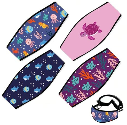 INFUNLY 4PCS Sea Animals Scuba Mask Strap Cover Coral Turtle Dive Mask Strap Neoprene Masks Slap Straps Waterproof Diving Headband for Men Women Snorkeling Diving Swimming Water Sports