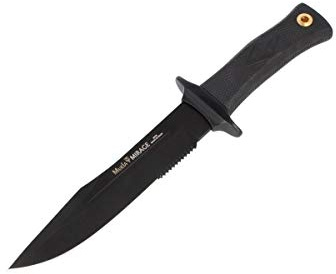 Muela Cuchillo Mirage MIRAGE-18N hoja de acero ACX-380 de 18 cm con recubrimiento antifricción PTFE y puño de goma para Caza, Pesca, Supervivencia y Bushcraft + Portabotellas de regalo