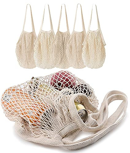 MERCURHOUSE 5 pack Cotton String Shopping Bags Reusable Washable Grocery Mesh Bags Organizer for Grocery Shopping Produce Net Bags with Longhandle for Fruit Vegetable Storage