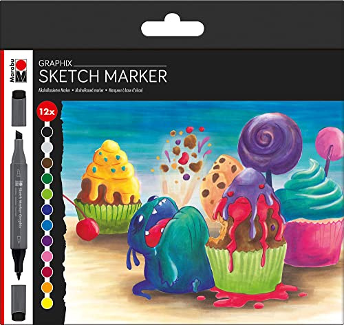 Marabu Sketch Marker, Japanese Double Tip 1-7mm Chisel Tip and 1mm Fine, Brilliant, Quick-Drying Alcohol Based Ink, Low Odour and Waterproof, Colourful, One Size
