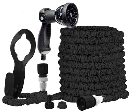 Hercul-Easy Expandable Garden Hose Set – Flexible Hose with 7 Way Spray Gun - Aluminium & Brass Connectors, Hose Holder & Tap Connectors - Water Pipe with Free Storage Bag, 150ft, Black