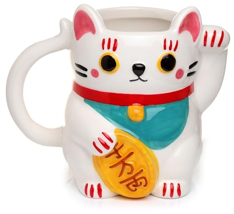Puckator White Maneki Neko Lucky Cat Ceramic Shaped Tea Coffee Mug - Funny Home Accessories - Cute Gifts for Girlfriend - Large Mugs for Men Women Hot Drinks Cups Presents Secret Santa Gift Cup Set