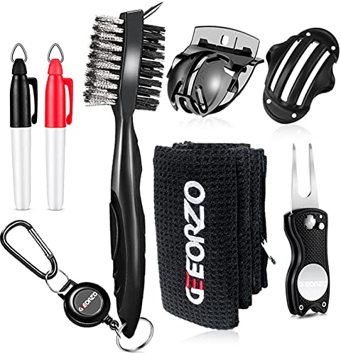 Geeorzo 7-in-1 Golf Zubehör, Mikrofaser Golf Handtuch, Einziehbare Golfschläger Bürste, Golf Pitchgabel Werkzeug, Golfball Linienmarkierer und Ballmarkierer Golfgeschenk-Zubehörset (Black)