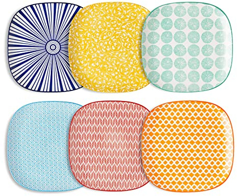 Selamica Porcelain Square Dessert Salad Pasta Steak Plates 10 inches ceramic plates set of 6 microwave/dishwasher/oven safe, Assorted Colors