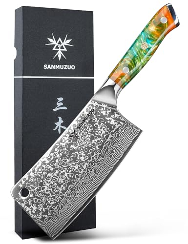 SANMUZUO Mannaia Macellaio Cinese Coltello per Carne da Cucina Professionale 16,5 cm, Coltello da Chef Acciaio Damasco da 67 Strati- Impugnatura Resina - Xuan Series(Fantasia Arancione)