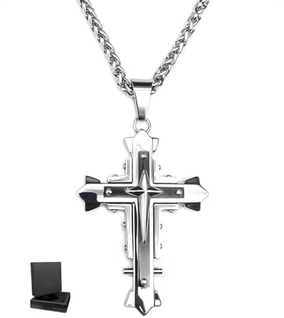 KONFEN Collier Croix Pendentif Homme, 3mm * 24 Croix Chaine 304 Acier Inoxydable pour Homme Femme, 60cm Chaîne Croix à Emboîtement Hip Hop Cadeau d'anniversaire pour Homme Garçons (Argent et Noir)