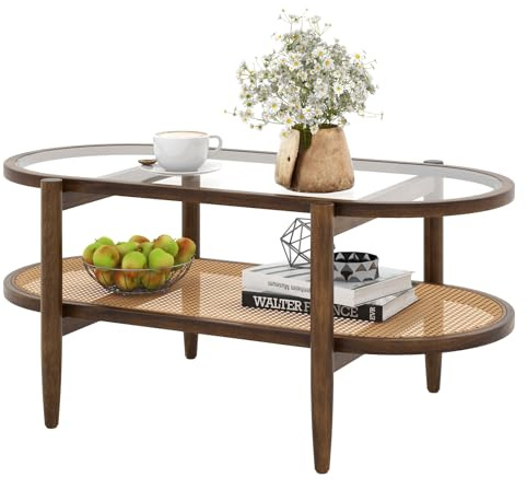 COSTWAY 2-Tier Coffee Table, Tempered Glass Cocktail Center Table with Rattan Storage Shelf, Acacia Wood Frame Accent Sofa Side Tea Tables for Living Room and Office (Oval, 102x56x46cm, Brown)