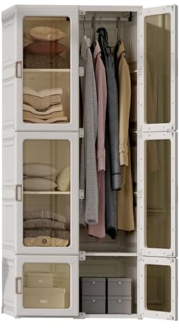 Dripex Kleiderschrank, Schrank 69 x 170 x 50 cm (B x H x T), einfache Montage, Faltbarer Mehrzweckschrank mit Stange, magnetische Türen, für Wohnzimmer Schlafzimmer Weiß