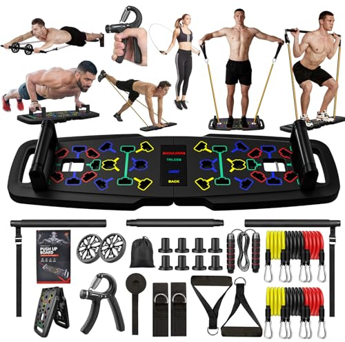 22-in-1 Home Gym Equipment, Portable Push Up Stands Press Up Board Handles for floor Home Gym Systems with 36 Gym Accessories, Resistance Band Bar,Abdominal Rollers (Black) (black, 22 in 1)