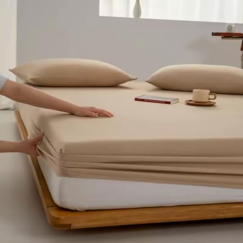 Lenzuolo Sotto Con Angoli Elasticizzato 100% Cotone Per Letto Tinta Unita h 25 cm (Beige, Matrimoniale)