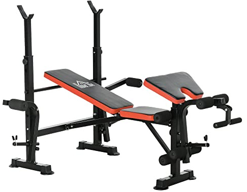 HOMCOM Panca Palestra Multifunzione con Supporto Bilanciere e Schienale Regolabile 3 Livelli, Panca Pesi Inclinabile con Leg Extension, Portapesi, Allenamento Palestra Casa, Rosso e Nero