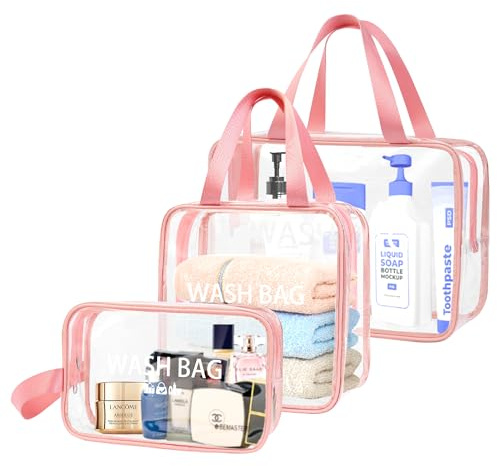 ZIOSINM Beauty Case Donna da Viaggio con Zip 3pcs Set, Beauty Case Trasparente per Cosmetici, Trucchi, Beauty Trasparente da Viaggio per Piscina, Aereo, Bagno (Rosa)