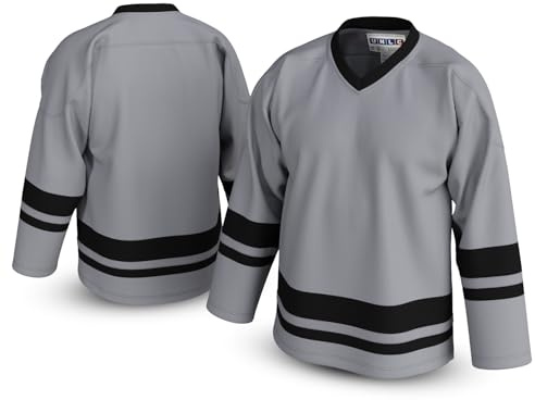 UNLC Classic Blank Hockey Jersey with Stripes – Authentic Stitched, Breathable Mesh and Durable Polyester, Grey, 5X-Large