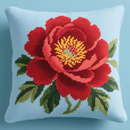 AxiangziK Kreuzstich Set Vorgedruckt,Schöne rote Pfingstrosenblüten,Gobelin Stickbilder Kreuzstich Kissen Stickkissen Kreuzstichkissen/Stickkissen-Set,45x45cm