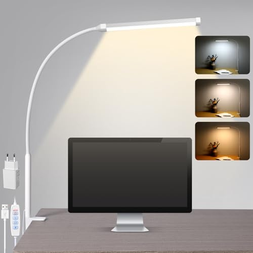 LIBORA Schreibtischlampe Klemmbar LED, Dimmbare Schreibtischlampe mit 3 Farben und 10 Helligkeitsstufen, Tageslichtlampe Schreibtisch Lampe, Augenschonende Klemmleuchte, Weiß
