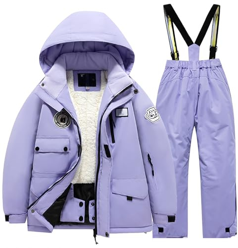 Generisch Tuta da sci per bambini, in pile, giacca e pantaloni invernali, windbroek, snowboard, unisex, per bambini, invernali, calde tute da neve, Lilla, 10-12 Anni