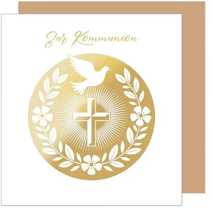 Edition Seidel Carte de félicitations premium carrée pour communion avec enveloppe. Carte de communion, carte de vœux, pour fille, garçon, adolescents, couronne de fleurs, colombe, élégante, dorée