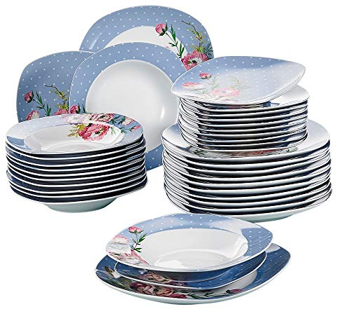 VEWEET série 'Hannah', Service combiné en porcelaine de 36 pièces, service de table blanc pour 12 personnes, avec 12 assiettes à dessert, 12 assiettes et 12 assiettes creuses