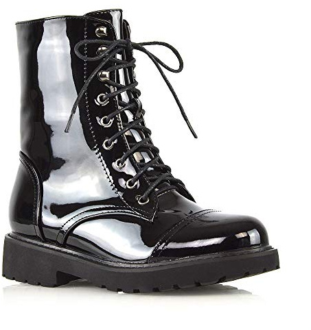 Womens Lace Up Ankle Boots Chunky Grip Sole Ladies Winter Retro Combat Goth Biker Military Army Shoes Booties Size 3-8 Black Patent