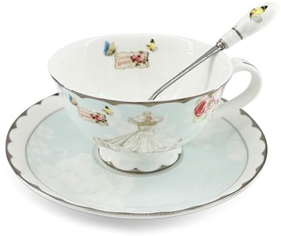 Krysclove Vintage Royal Bone China Teacup Set with Saucer and Spoon, Elegant Wedding Dress Floral Ceramic Coffee Cup for Bridal Shower, Home Decor