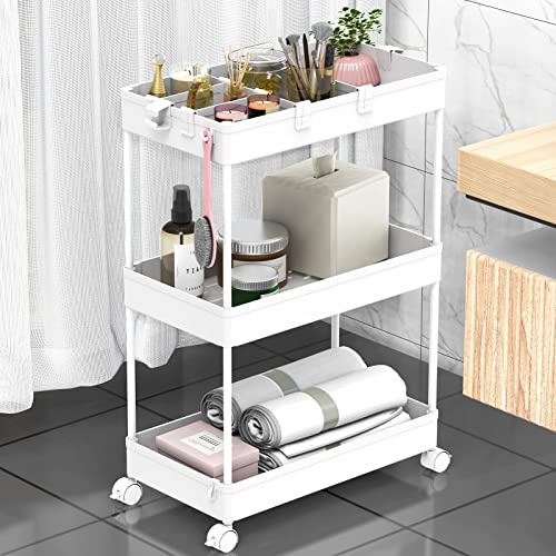 SAKA Slim Storage Cart 3 Tier, Bathroom Storage Organizer Rolling Utility Cart, Slide Out Storage Cart, Mobile Shelving Unit Organizer for Office Bathroom Kitchen Laundry Narrow Places, White