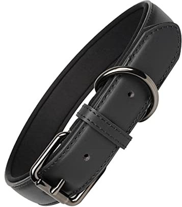 OFHome Hundehalsband, Hundehalsband mit Weiches Gepolstert und Echtes Leder, Verstellbar, Halsband für kleine mittelgroße Hunde, Schwarz, M