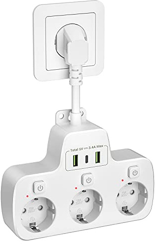 Ciabatta Multipresa con USB C, Ciabatta Elettrica con 3 Prese Schuko Presa USB (5V/17W) Multipresa Murale con Interruttori Indipendenti Spina Tedesca Cavo 0.1m [Classe A++]