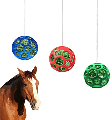 WoYous 3 Stück Pferde Leckerli-Ball Set, Hängende Futterball Mit Löchern Zum Verlangsamen Der Fütterung, Spielzeug für Pferde, Ziegen, Schafe Zur Stressreduzierung (Rot, Blau und Grün)