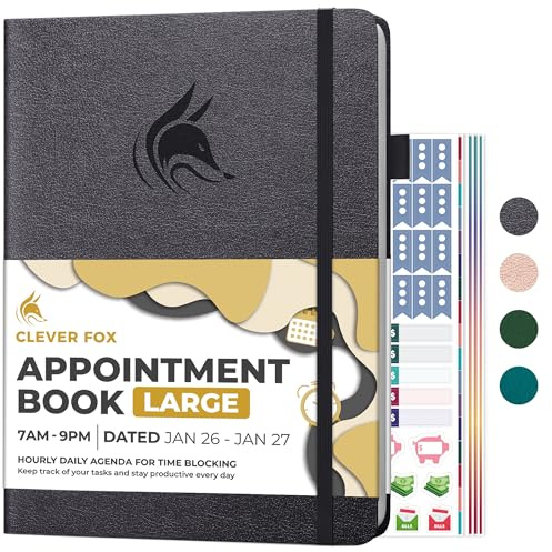 Clever Fox Appointment Book Dated Jan 2026-Jan 2027 – Hourly Schedule Planner with 15-Minute Increments – Time Box Planner for Daily Work & To-Dos – Hardcover, 8.3x11″ (Silver Black)