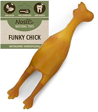 Nosli Natural Toys Funky Chick • Huhn Spielzeug für Hunde • 100% Naturgummi Huhn ohne Farbstoffe • Kauspielzeug Hund • Chicken Dog Toy • Gummihuhn für Hunde • Natürliches Hundespielzeug