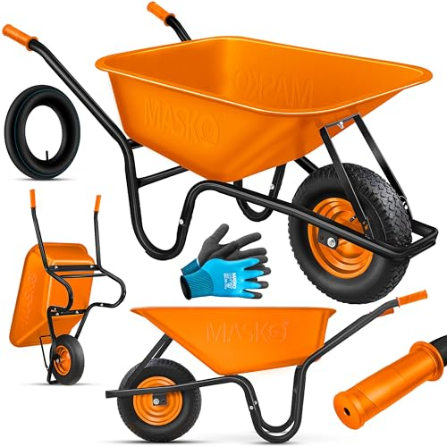 MASKO® Carretilla de Jardín y Construcción | 100 litros 250kg Neumáticos de Aire con Borde de Acero + Tubo de Repuesto para Carretilla | Bastidor de Acero Galvanizado Carro de Jardín, Naranja
